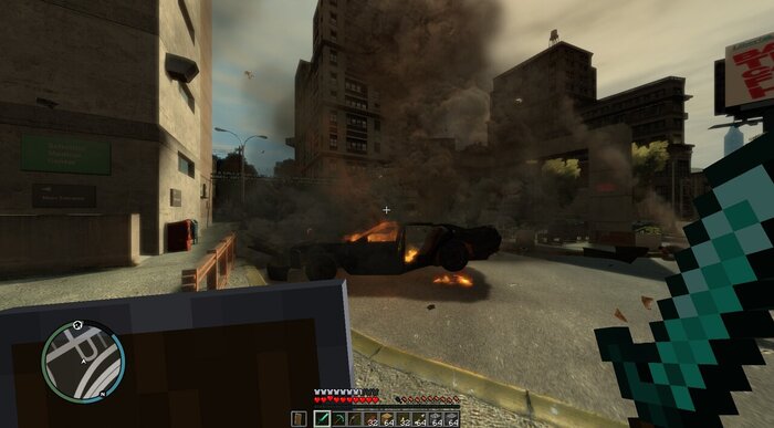 Carro destruído por disparos de besta em cena do mod LibertyCraft GTA IV