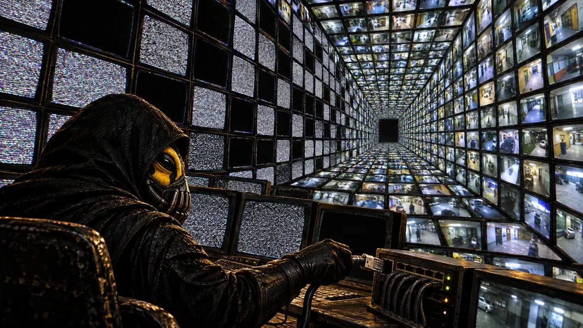 ZFROG at a desk facing a tunnel of surveillance screens