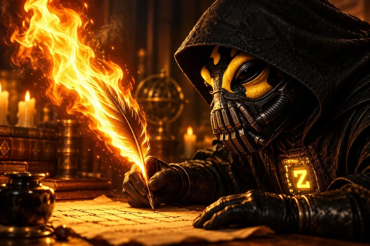 ZFROG writing by candlelight with a burning quill