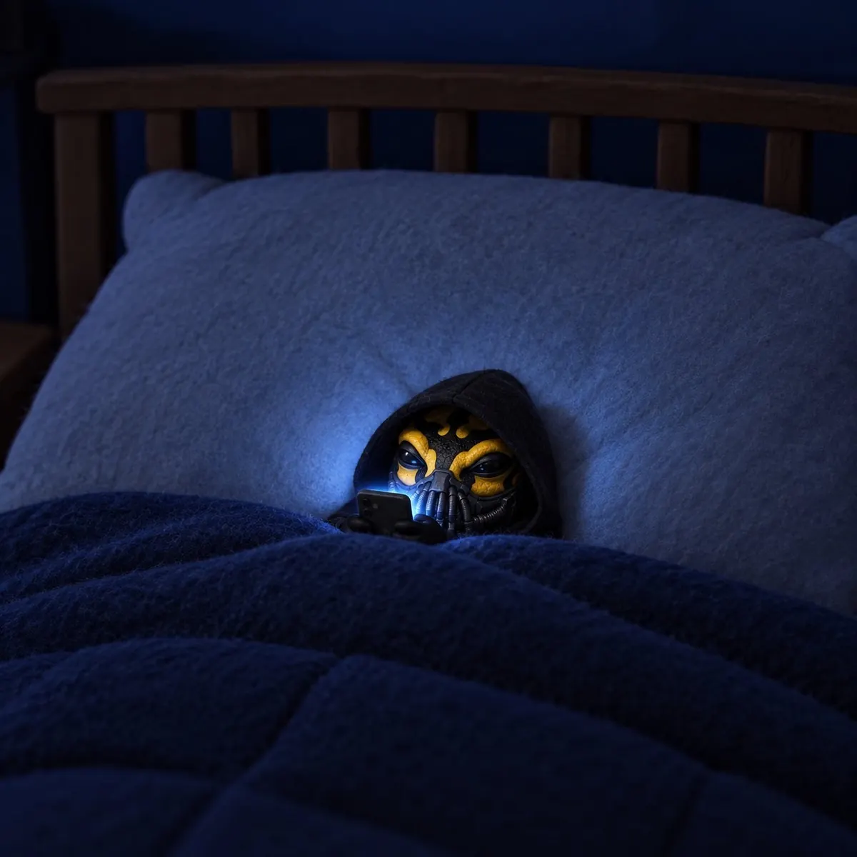 ZFROG tucked under a blue blanket, only his eyes and mask showing