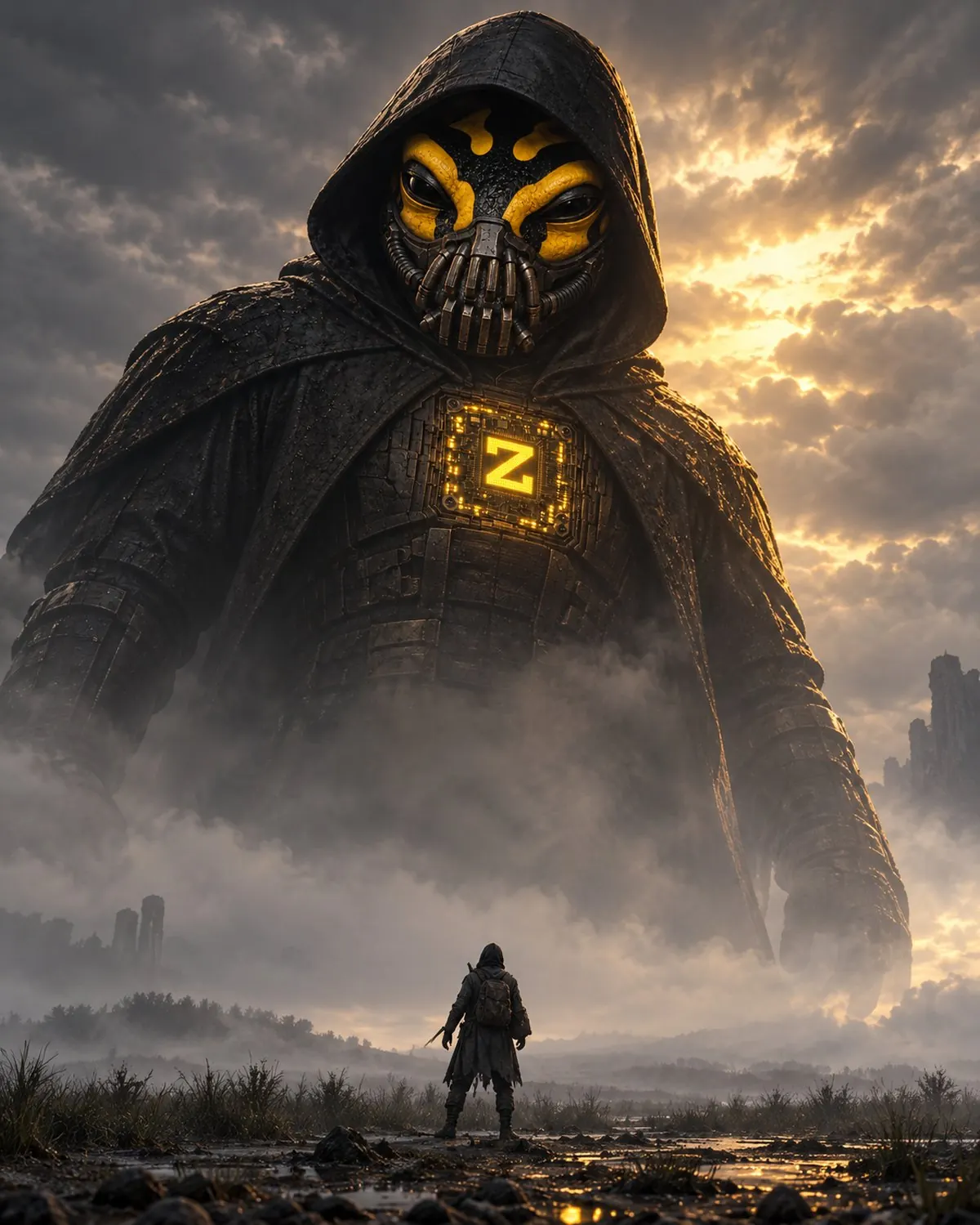 A giant ZFROG towering over a small figure in a misty wasteland