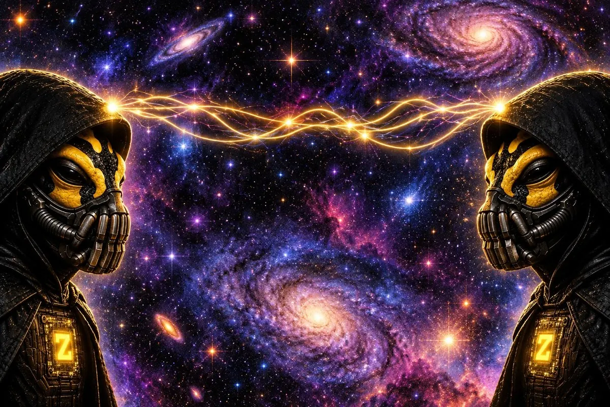 Two ZFROGs facing each other across a galaxy, linked by a line of light