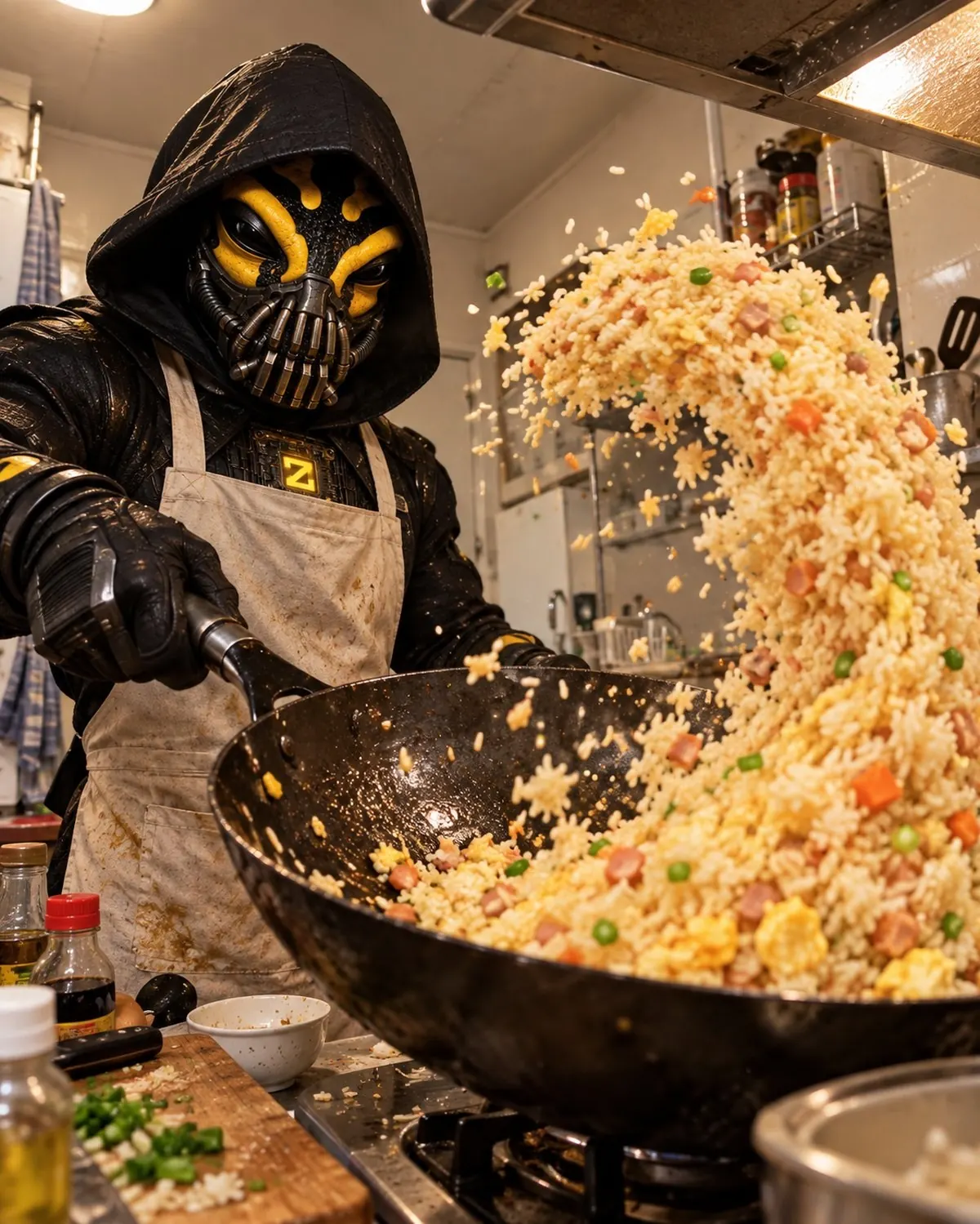 ZFROG in an apron tossing fried rice in a wok