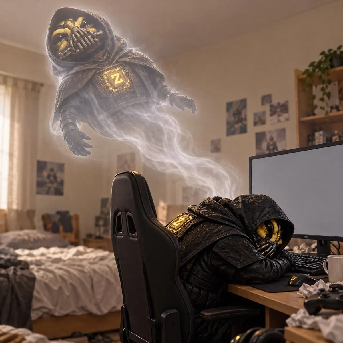 ZFROG asleep at his desk while a ghostly ZFROG keeps watch