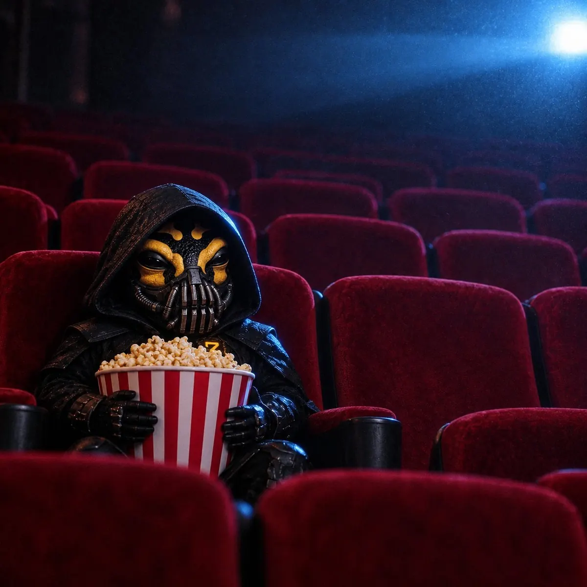 ZFROG in a cinema seat with a bucket of popcorn