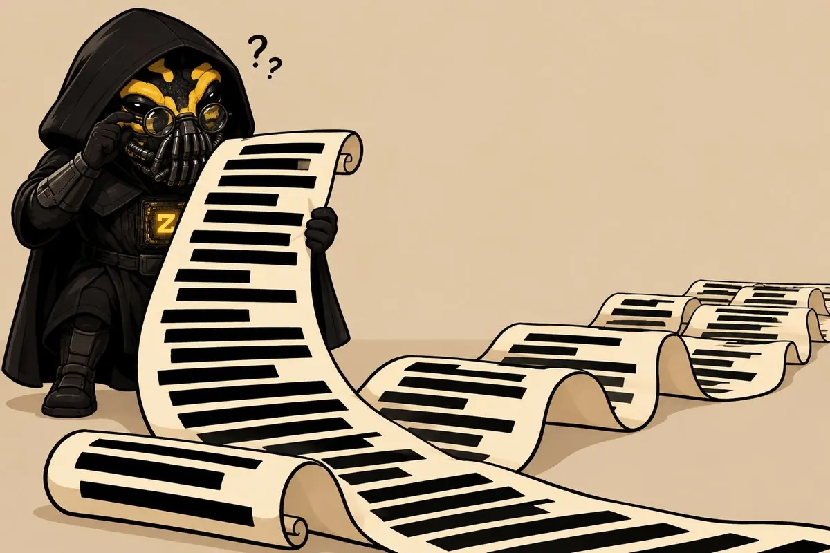 ZFROG puzzling over a long redacted scroll