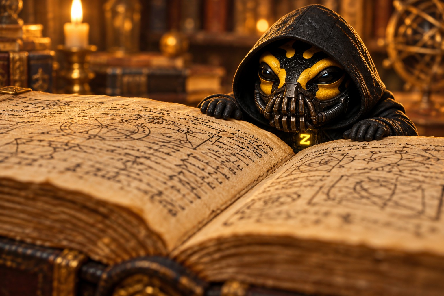ZFROG the hooded frog peeking over an ancient book of encryption diagrams