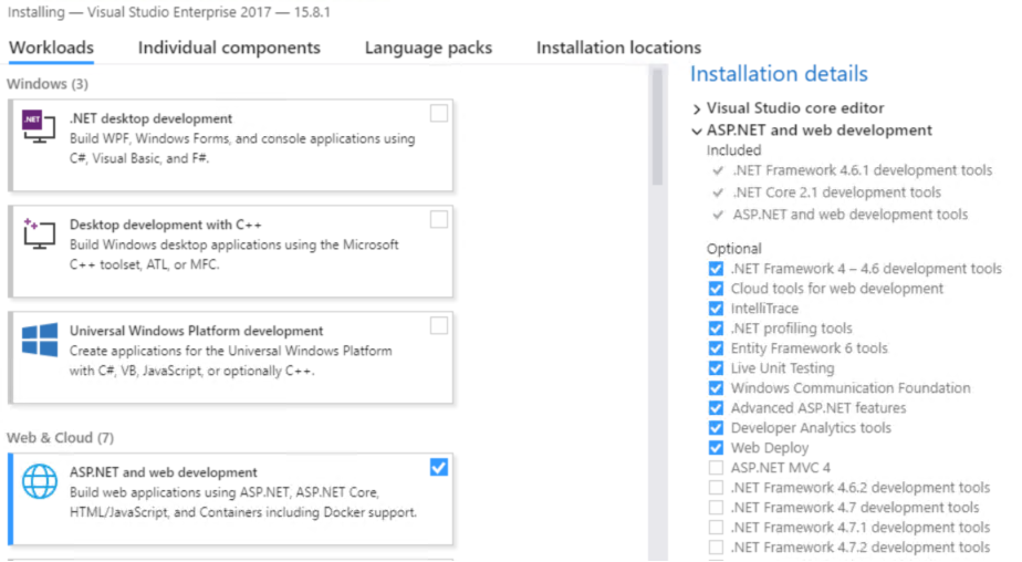 Visual Studio install screen