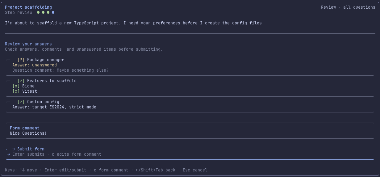 Review screen showing answers, an unanswered question, and a form comment