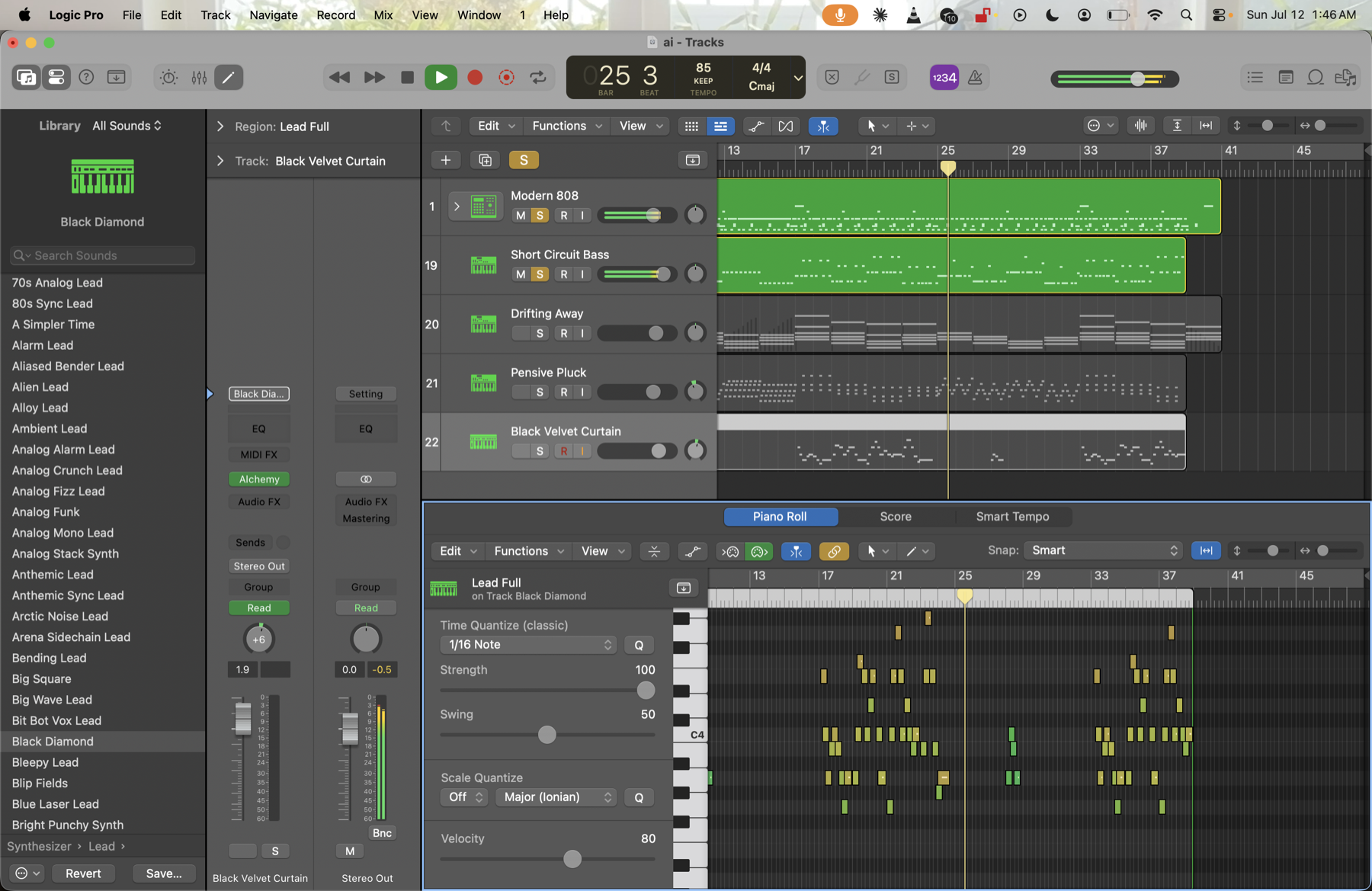 A rubin-composed 40-bar arrangement playing in Logic Pro — five tracks
composed as MIDI, Alchemy patches loaded via the Library, piano roll showing
the lead hook