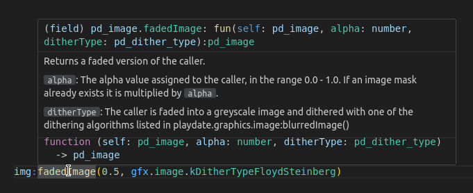 screenshot of Visual Studio Code showing documentation for image.fadedImage() on hover