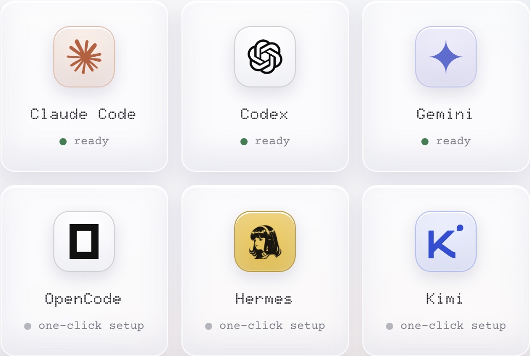 Claude Code, Codex and Gemini ready; OpenCode, Hermes and Kimi one click away