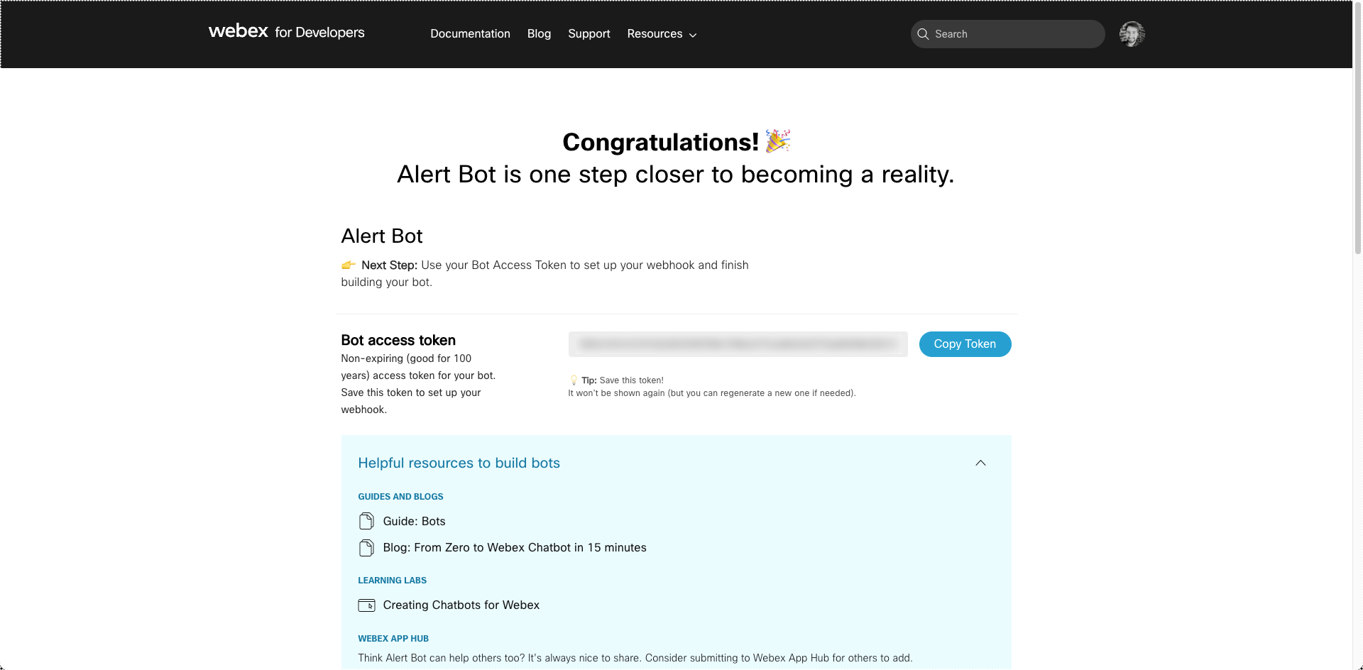 Screenshot of Webex for Developers website to create a bot.