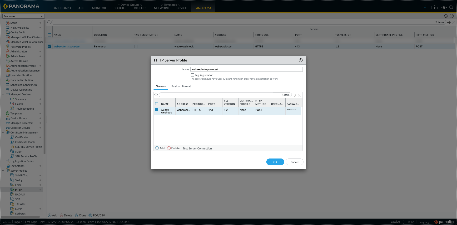 Screenshot of Panorama HTTP Server Profile configuration.