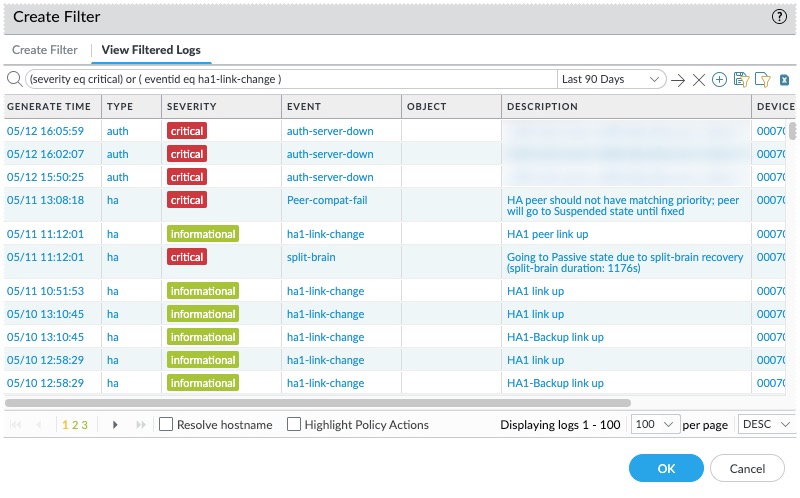 Screenshot of Panorama Log Settings filter builder.