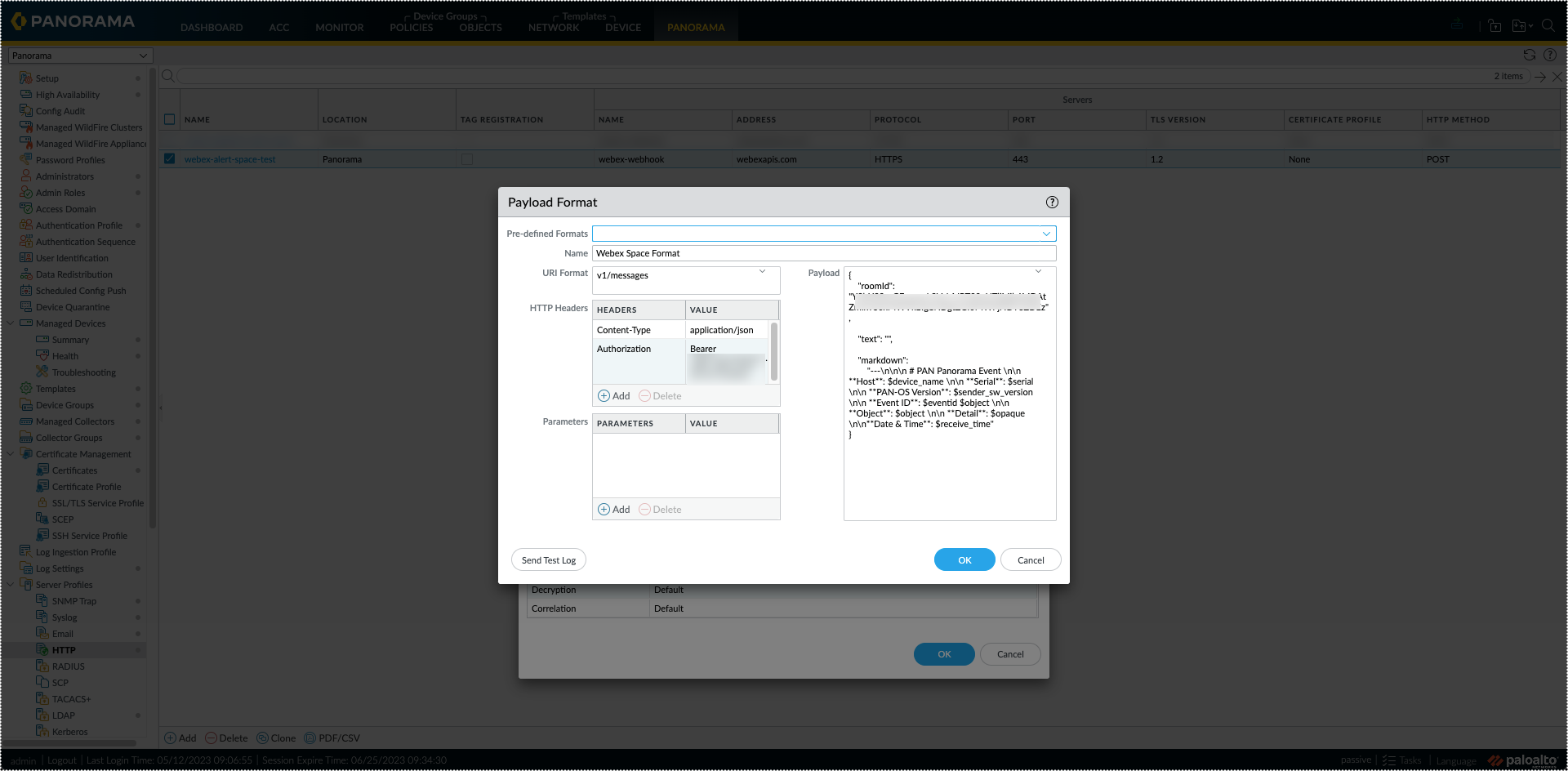 Screenshot of Panorama HTTP Server Profile payload format.