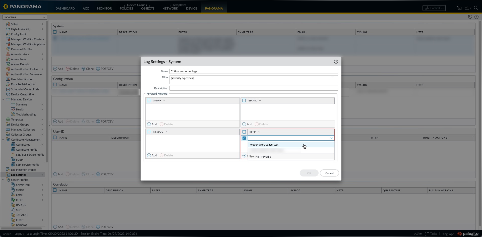 Screenshot of Panorama Log Settings window.