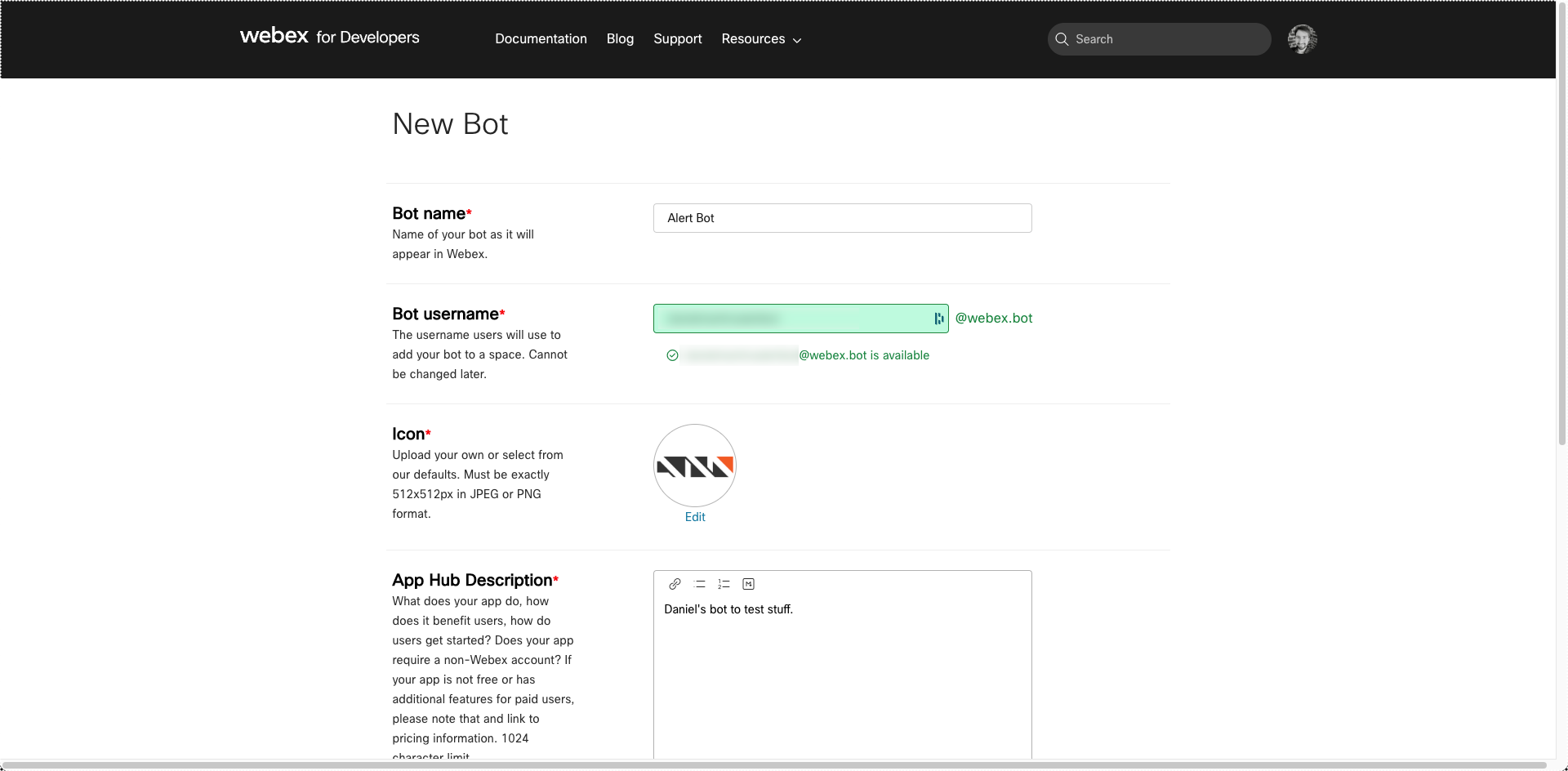 Screenshot of Webex for Developers website to create a bot.