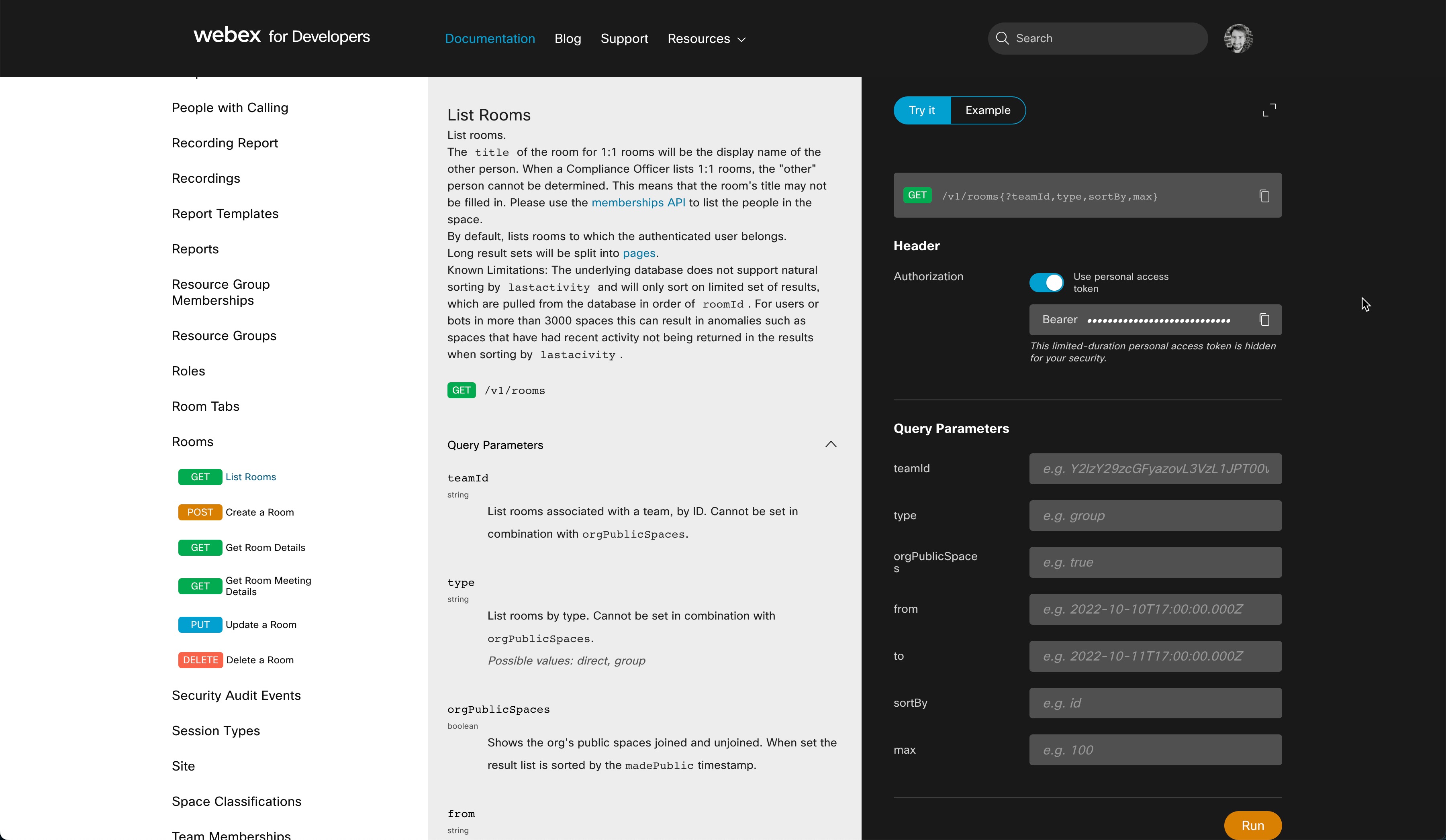 Screenshot of Webex for Developers website to list rooms.