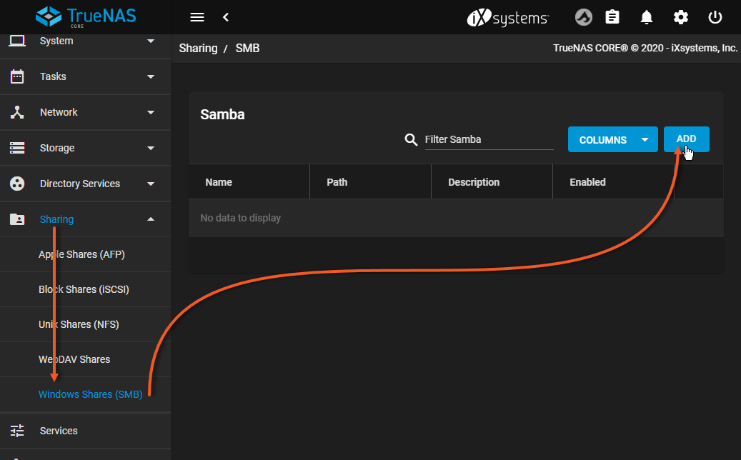 Screenshot of creating a Windows SMB share in TrueNAS Core.