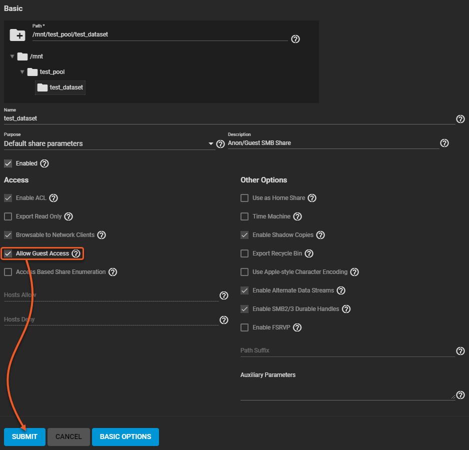 Screenshot of TrueNAS Core dataset selection to enable Guest Access.