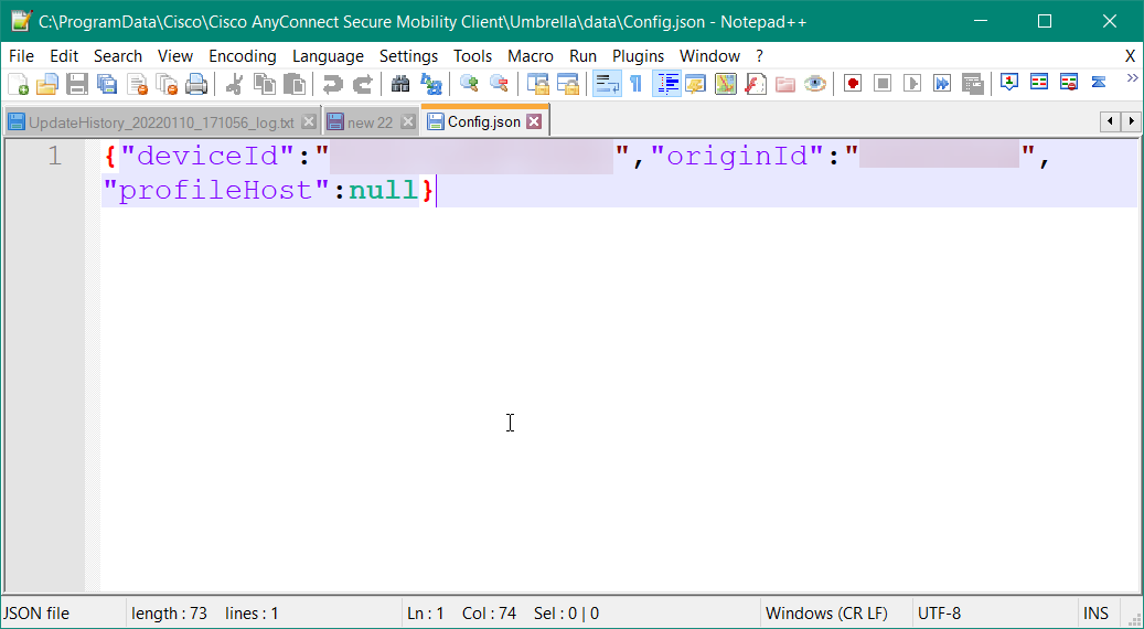 Screenshot of config JSON file that contains now values in the key-value pairs.