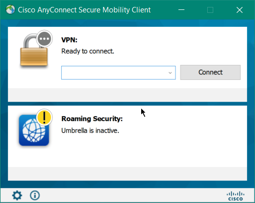 Screenshot of an inactive UCisco mbrella module/plugin in Cisco AnyConnect.