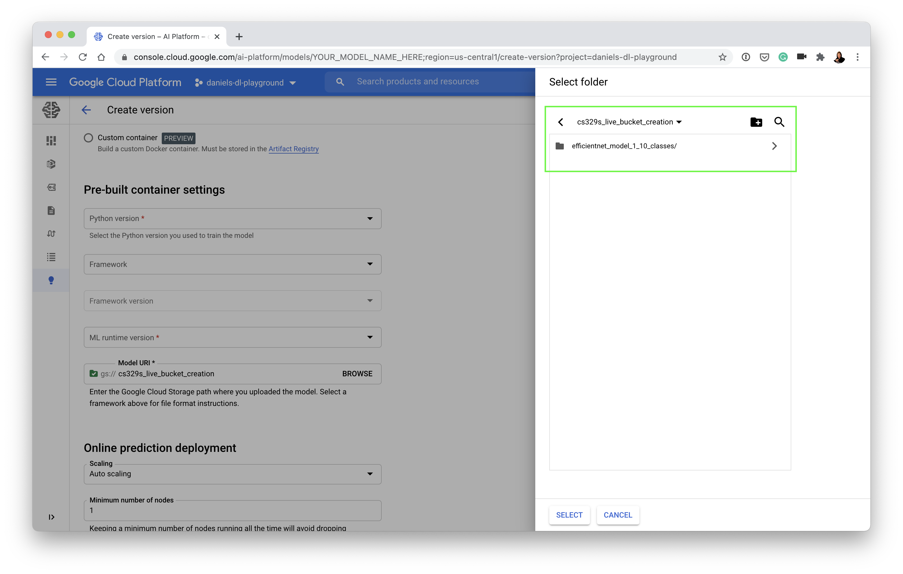 linking a model version to Google Storage