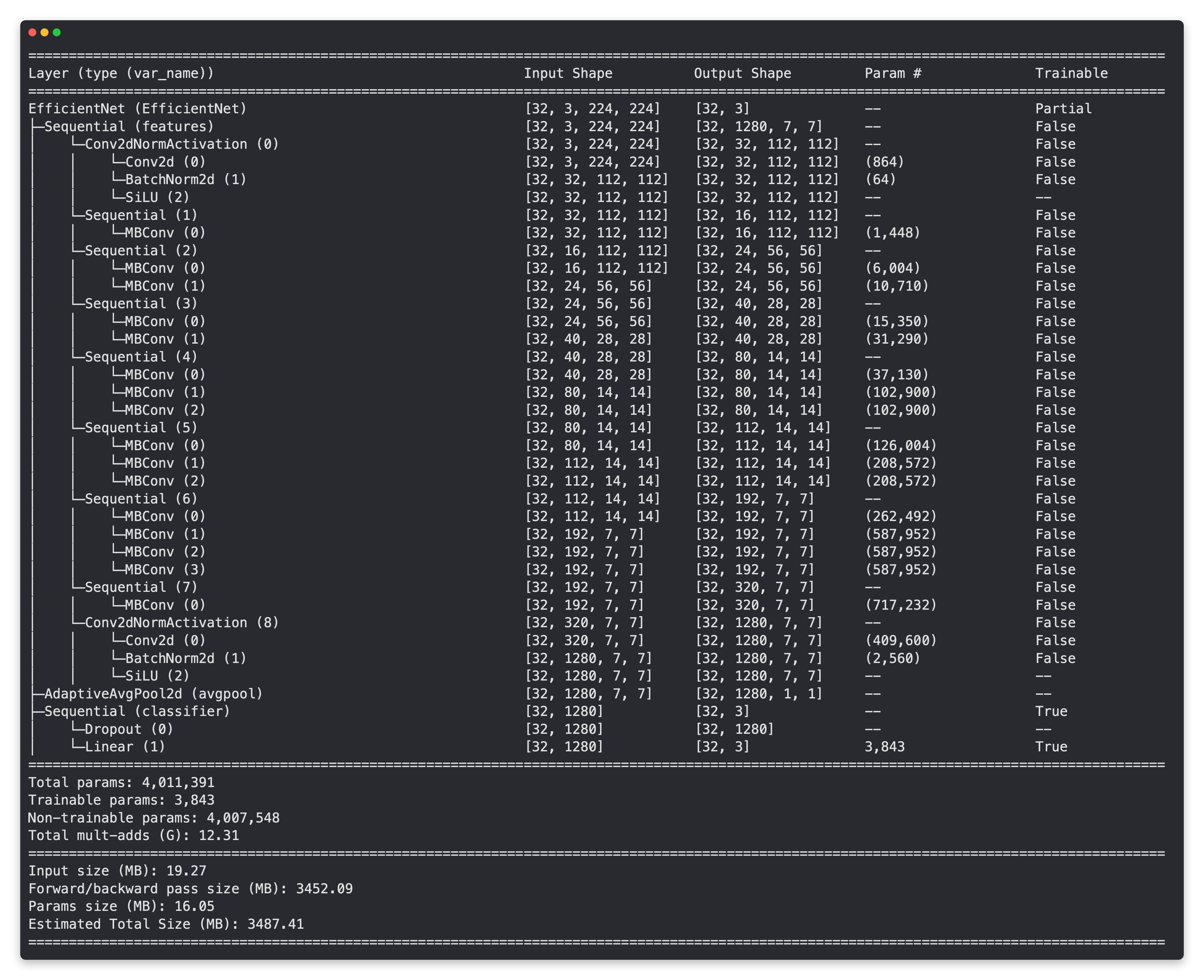 传递给带有冻结基础层和更新分类器头的EffNetB0模型的torchinfo.summary()输出