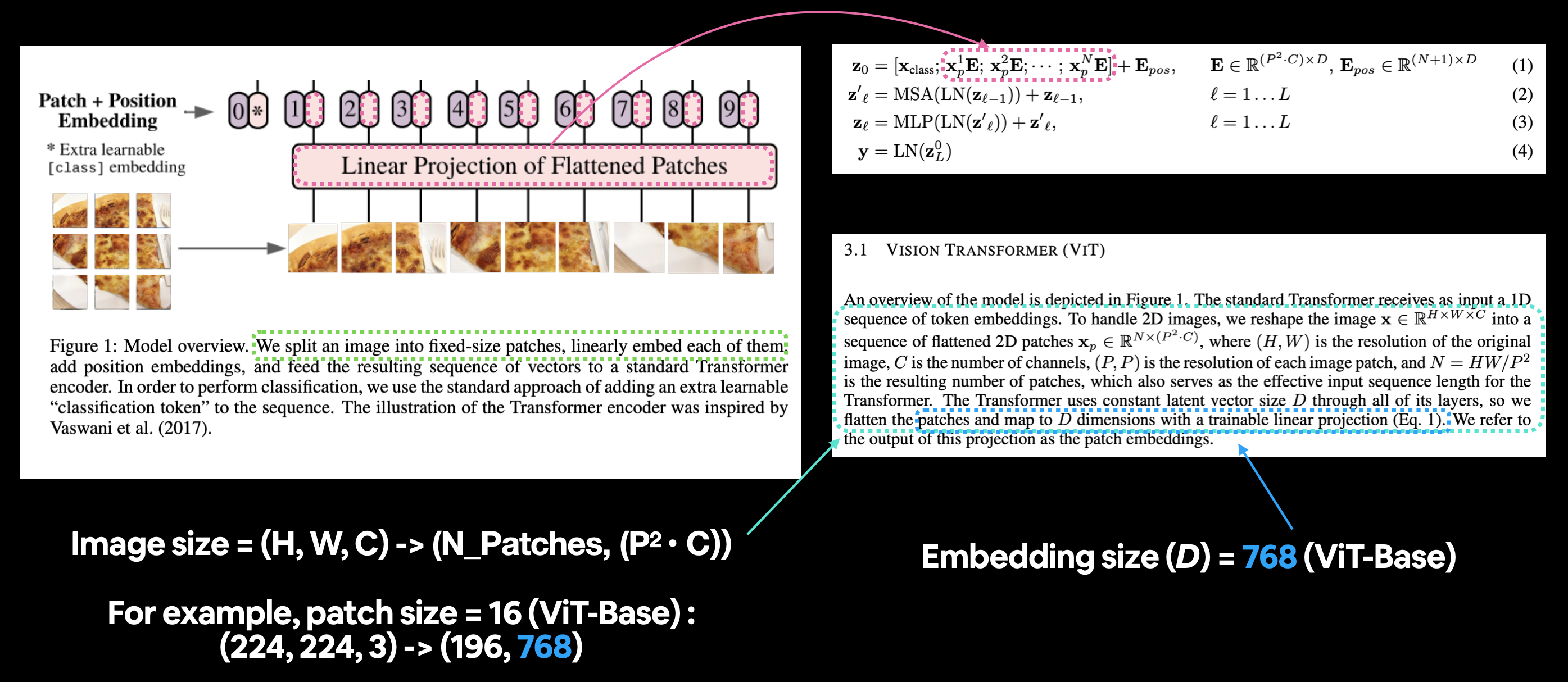 mapping the vit architecture diagram positional and patch embeddings portion to the relative mathematical equation describing what's going on