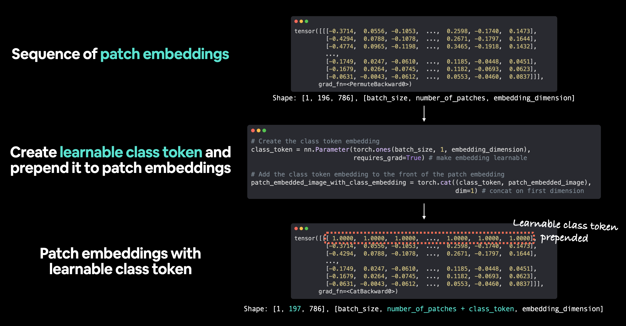 going from a sequence of patch embeddings, creating a learnable class token and then prepending it to the patch embeddings