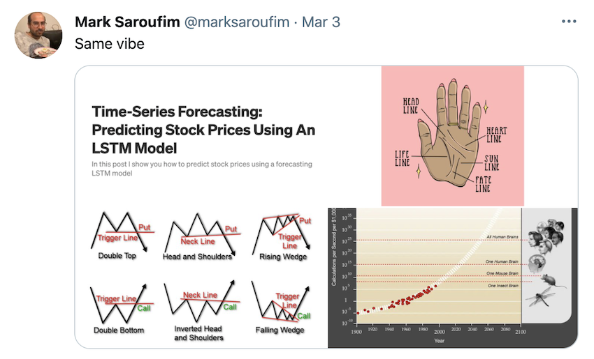 Mark Saroufim tweet on what forecasting with a machine learning model reminds him of: palm reading, basic heuristics, comparing calculations in the brain of different organisms