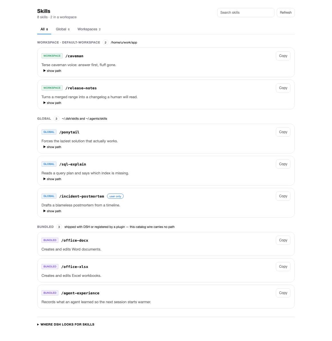 The Skills page in the light theme