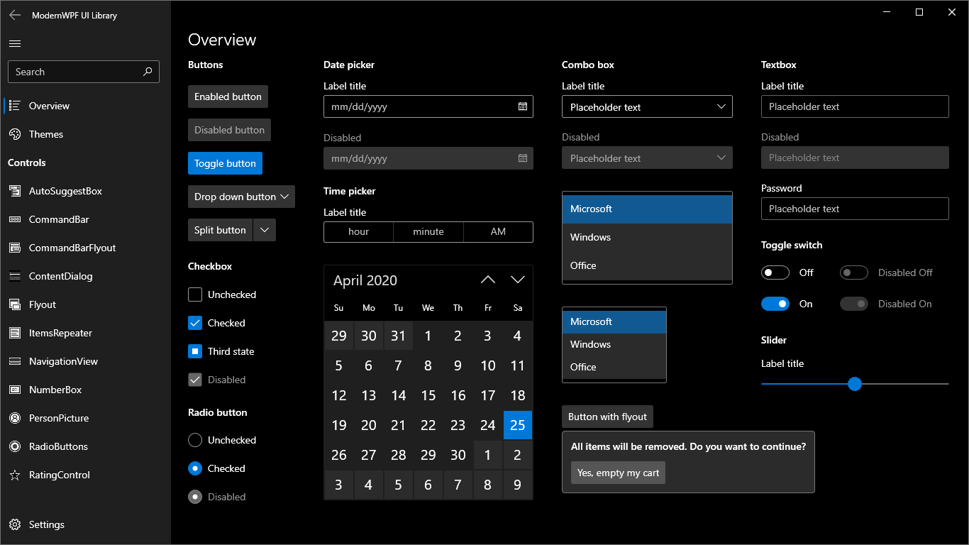 Overview of controls (dark theme)