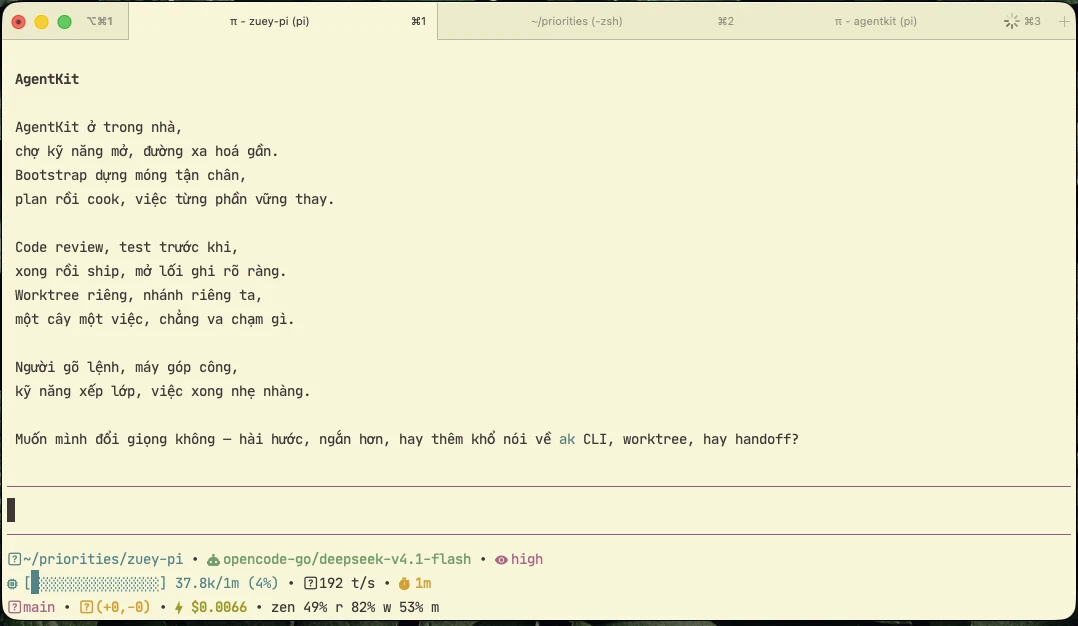 pi inside the zuey-pi worktree, 3-row statusline, light theme