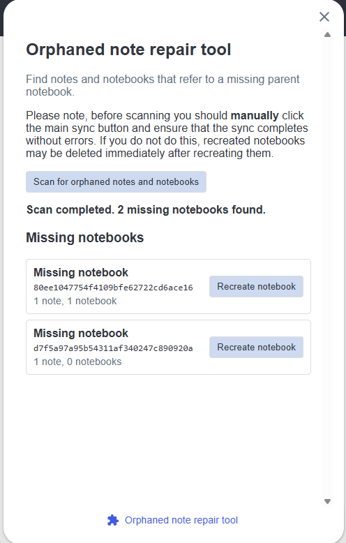 Orphaned note repair tool panel on Joplin mobile