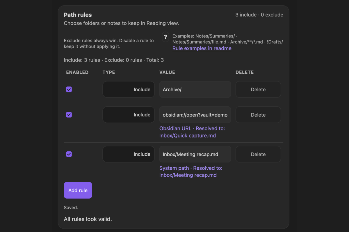 Path rules with vault, Obsidian URL, and system path sources