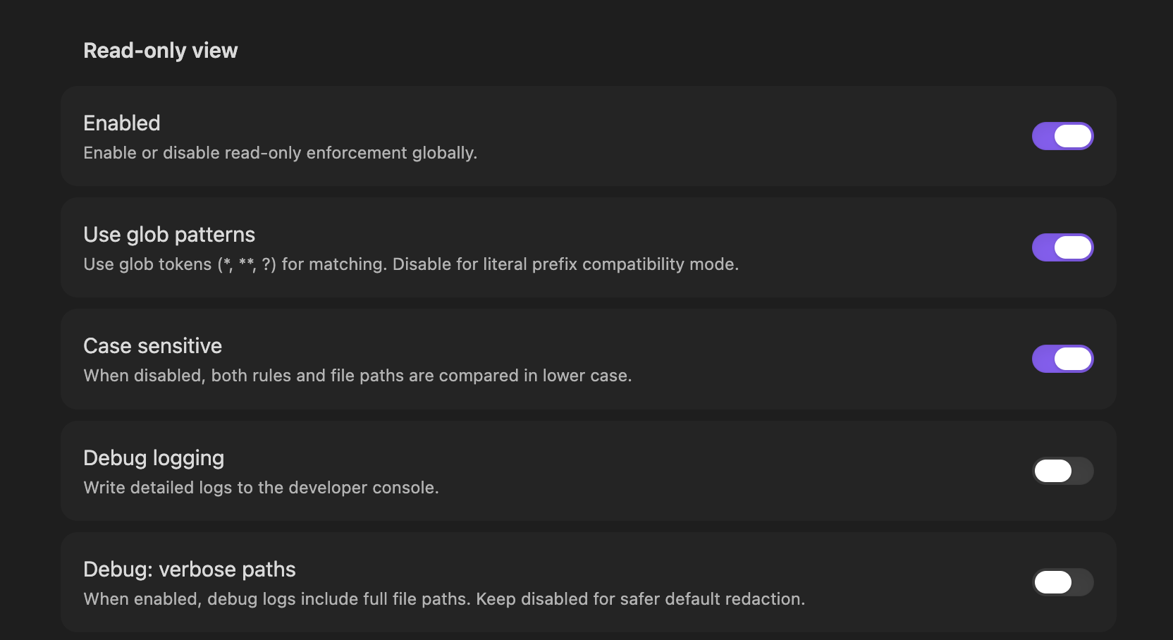 Read Only View main settings