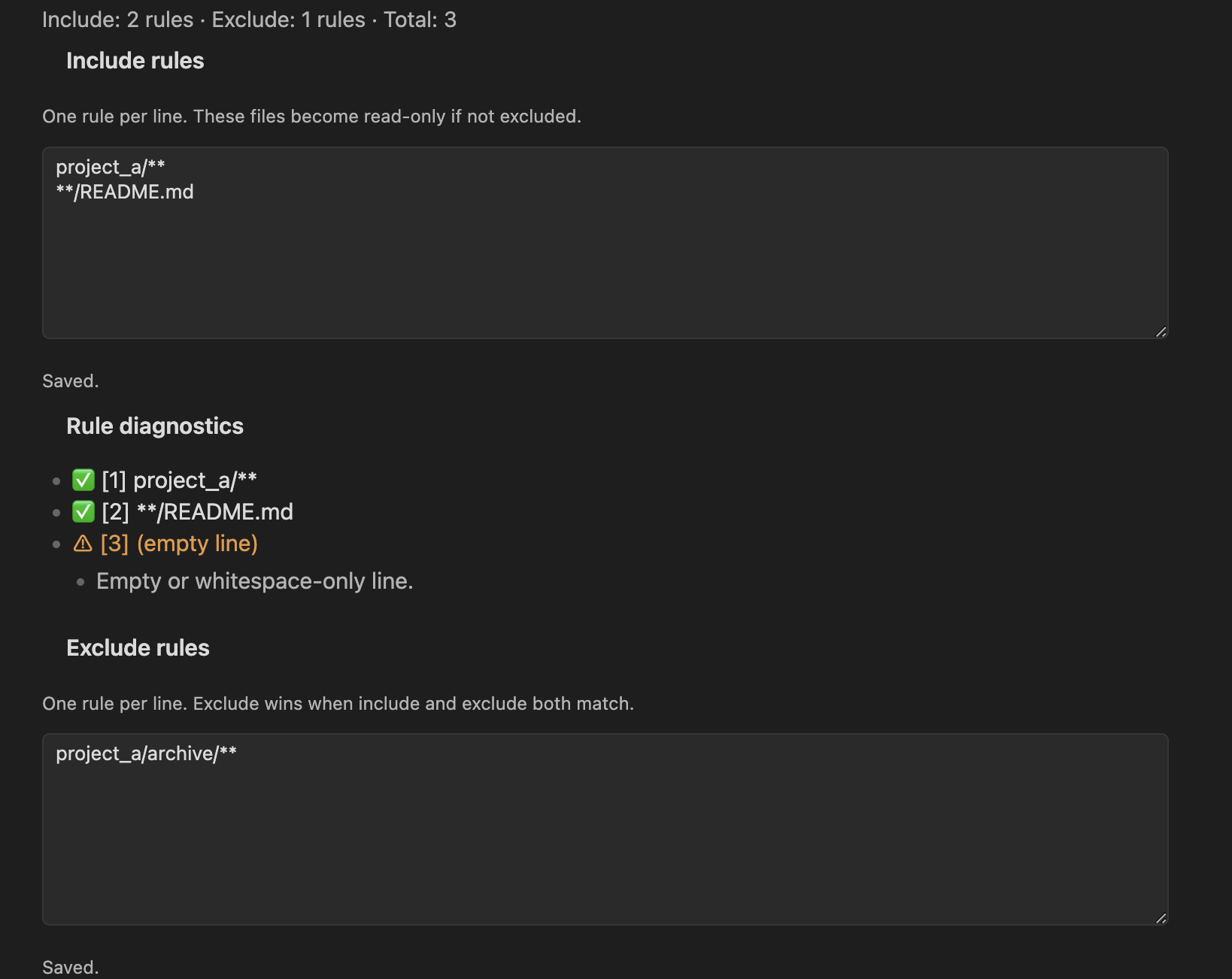 Screenshot of matching rules in the settings tab