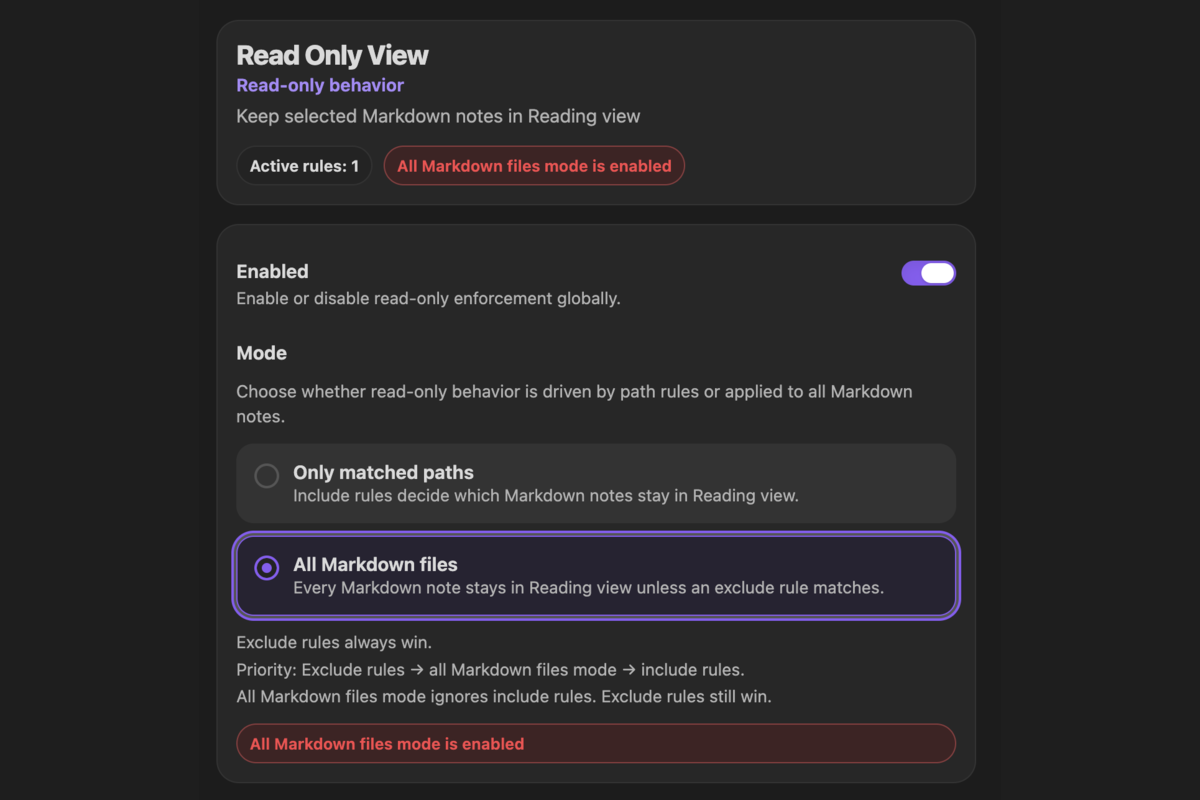 All Markdown files mode in Read Only View settings
