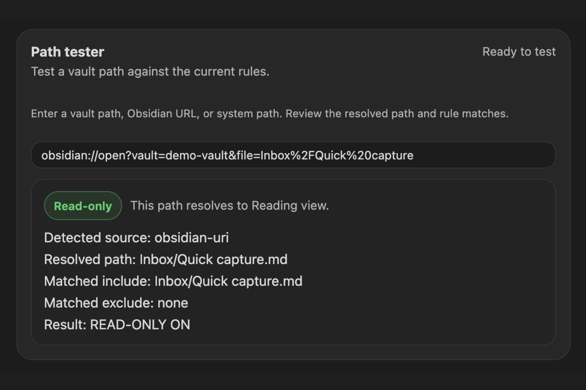 Path tester showing a read-only Obsidian URL
