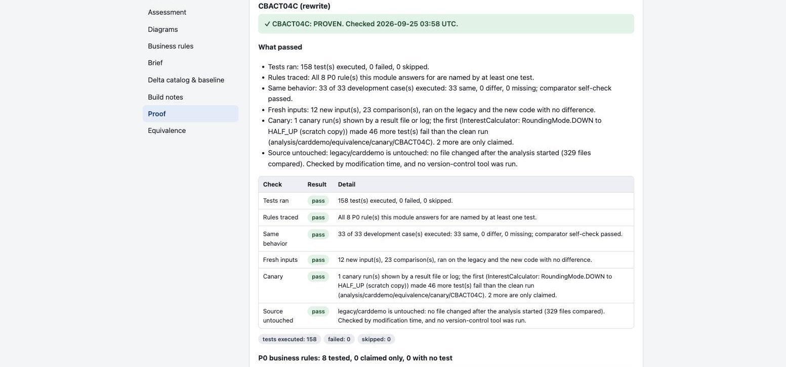 The proof tab of the report: what passed for one rewritten module, a table of checks each with its detail, and the count of critical rules that a test names.