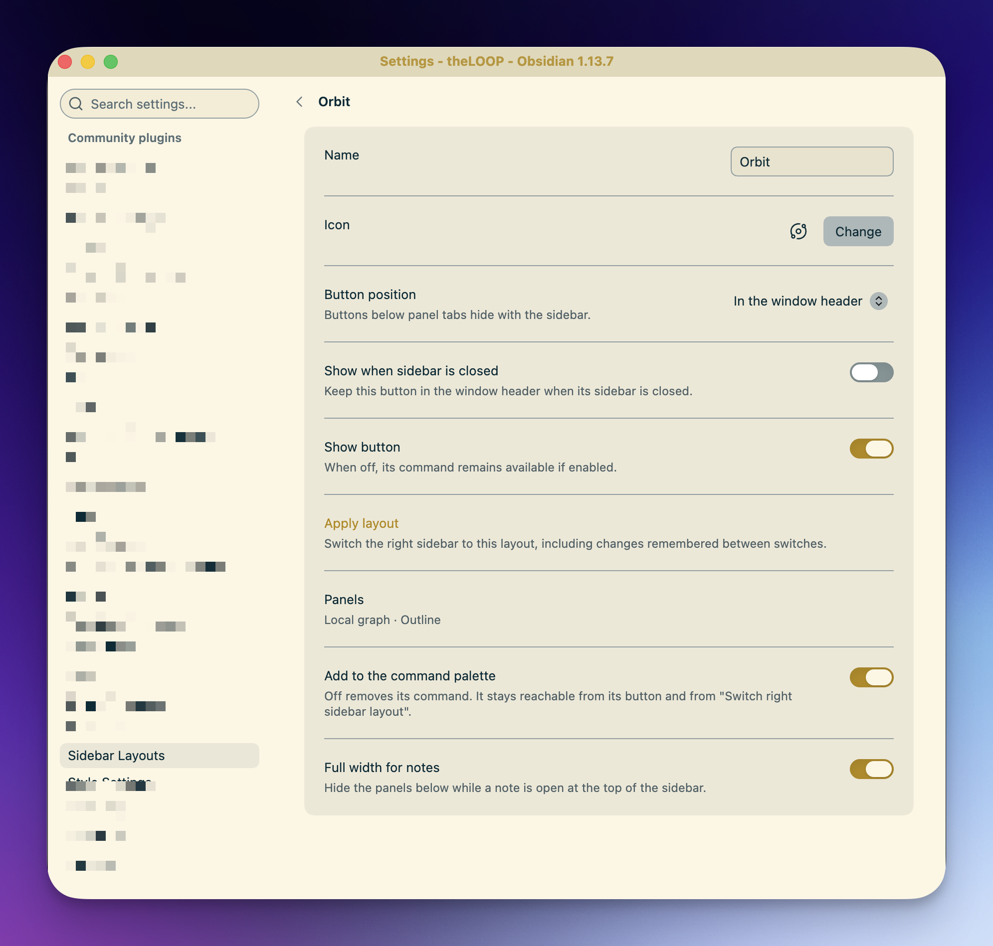 The page of a single layout button: its name, icon, position, and the layout
options