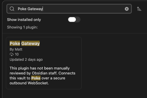 Poke Gateway in the Obsidian community plugins browser