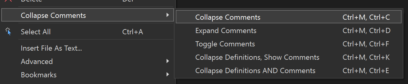 Commands shown in document context menu