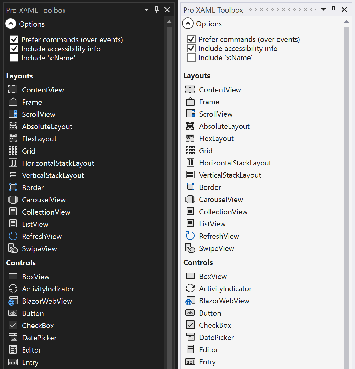 Screenshot showing the Pro XAML Toolbox in light and dark themes