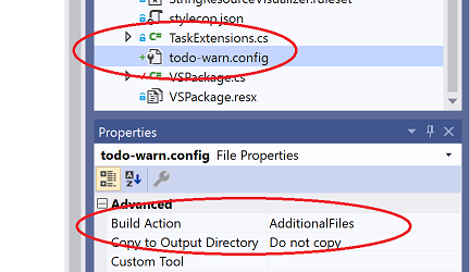 screenshot of config file in solution explorer and properties