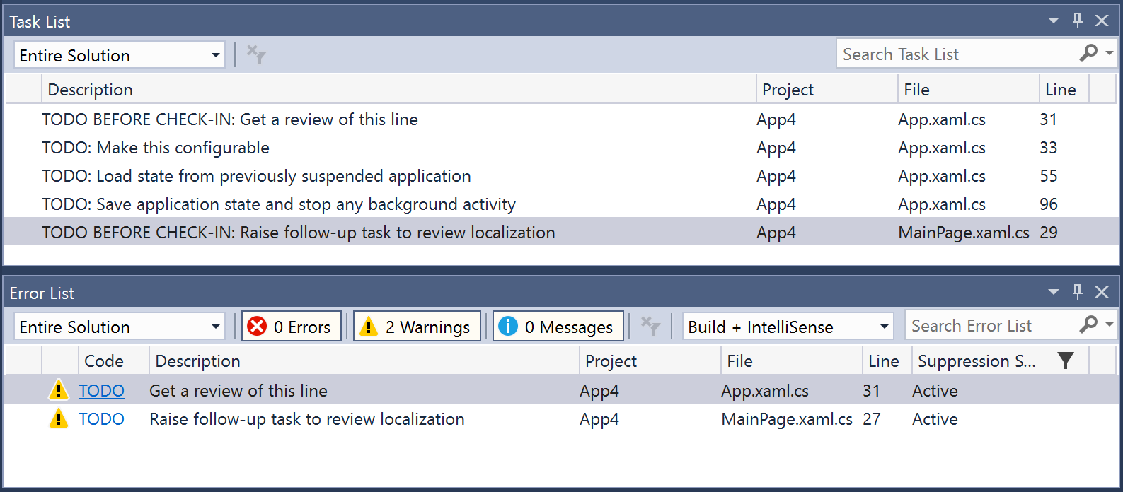 screenshot of TaskList and ErrorList windows