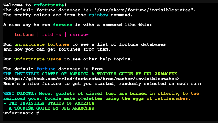 Screenshot of in-browser Linux emulator showing fortunes