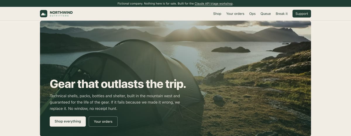The Northwind Outfitters storefront: a tent pitched at sunrise under the headline Gear that outlasts the trip.